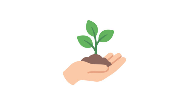 Minimal flat vector icon of hand holding small tree sapling, reforestation concept 