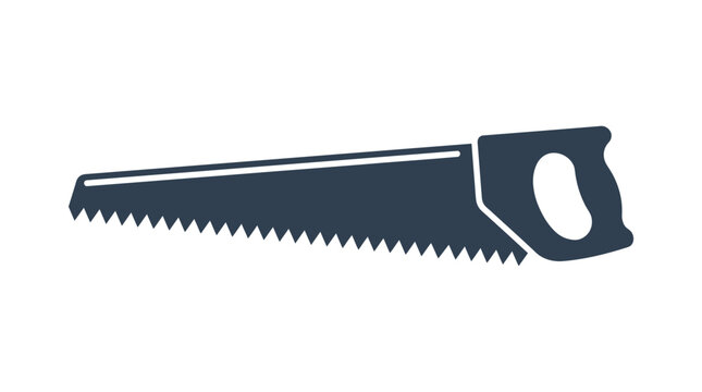 Minimal flat vector icon of hand saw with visible teeth pattern and grip handle, symmetrical composition