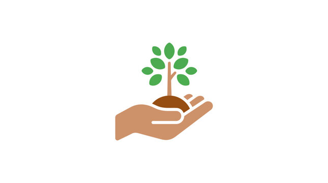 Minimal flat vector icon of hand holding small tree sapling, reforestation concept 