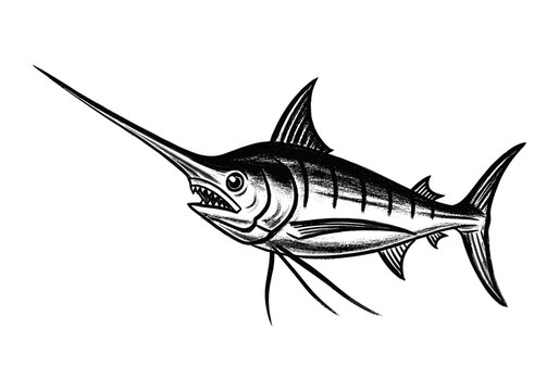 Striking black and white illustration of a fierce marlin with its sharp bill and fins