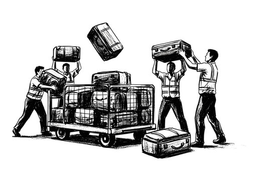 Airport workers in vests loading luggage onto a cart and handling bags