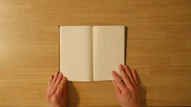 木目テーブルに広げられた真っ白なノート 俯瞰 思考の整理 ジャーナリング / Top view of hands opening blank notebook on wooden table, journaling and planning concept