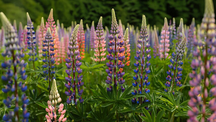 Obraz premium Close up of colorful lupine flowers in a summer meadow, vibrant purple and pink wildflowers with soft bokeh background