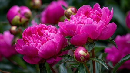 Obraz premium Bright pink peonies in full bloom outside, seen up close.