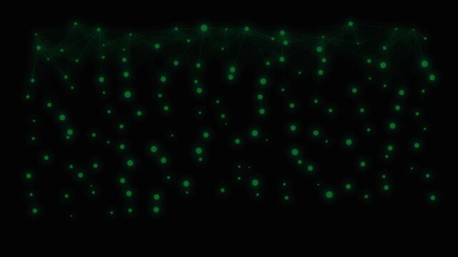 Futuristic green data dots flowing downwards with abstract digital plexus network connections