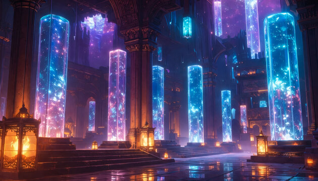 Futuristic Fantasy Hall with Glowing Energy Columns and Cosmic Light Interior