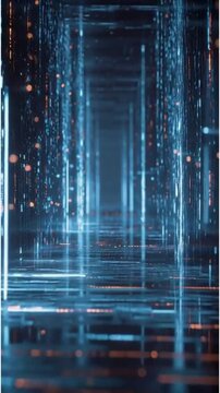 Glowing blue digital matrix background with neon lights and lines