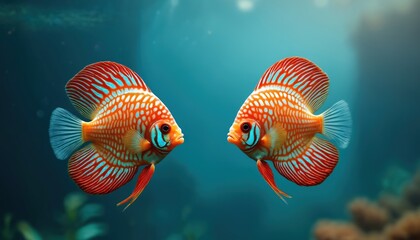 Fototapeta premium Two bright orange discus fish with blue patterns swim together in clear blue water. Fins delicate, flowing as glide gracefully near coral formations in home. Aquatic creatures showcase natural beauty.