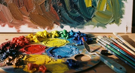 Fototapeta premium Artist palette with vibrant paints and brushes on wooden table