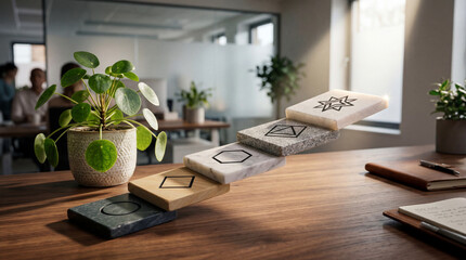 Fototapeta premium Stacked stone and wood tiles featuring engraved geometric symbols resting on an office desk