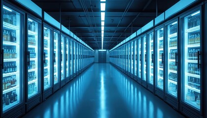 Rows of illuminated commercial refrigerators with glass doors in modern cold storage facility. Cool blue light creates futuristic look in empty clean space. Products neatly organized on vertical