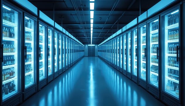 Rows of illuminated commercial refrigerators with glass doors in modern cold storage facility. Cool blue light creates futuristic look in empty clean space. Products neatly organized on vertical