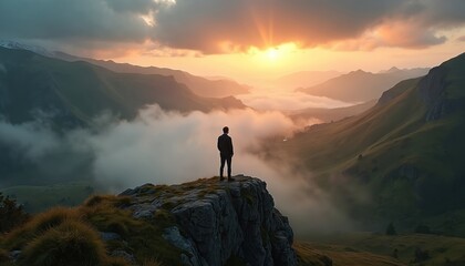 Fototapeta premium Man stands on cliff edge overlooking misty mountain valley at sunset. Sun rays pierce clouds. Green hills stretch to horizon. Dramatic natural beauty unfolds below. Serene exploration, peaceful