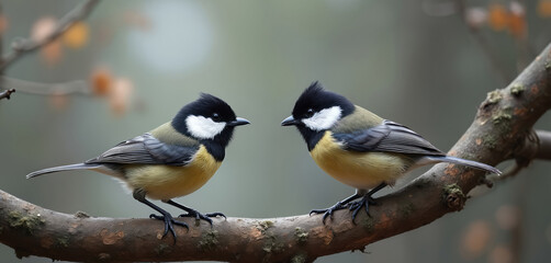 Obraz premium Two tit birds perch on a branch opposite each other. One bird seems ready for confrontation. Soft gray background focuses on avian interaction. Natural wildlife scene unfolds.