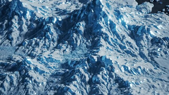 World map zooms to reveal a fantasy icy island continent transforming into detailed crystalline mountains, showcasing majestic frozen landscapes. Ideal for exploration, science, adventure,