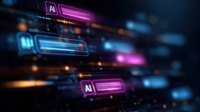 AI assistant displays glowing chat bubbles while responding to user messages on a digital background at a tech event.