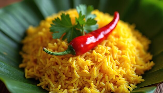 Yellow rice dish nasi kuning served on green banana leaves. Red chili pepper and parsley garnish brightens this aromatic Indonesian cuisine. Tasty street food closeup.