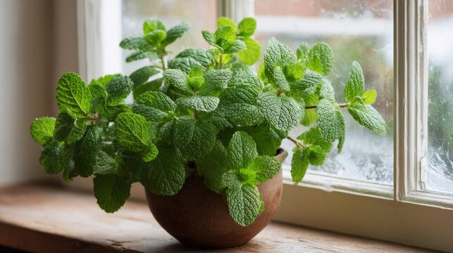 Mint in a pot on the indoor windowsill, shown close up, smells wonderful.