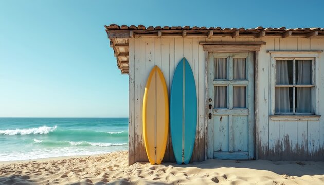 Two surfboards, yellow and blue, stand by a weathered beach shack door. Ocean waves crash on sandy shore under a clear blue sky. Summer vacation vibes.