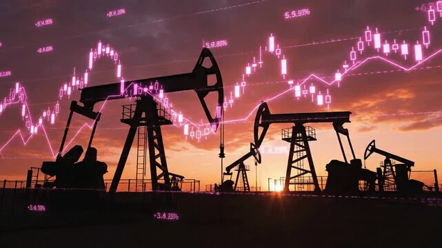 Oil pump jacks silhouette against dramatic sunset sky with glowing digital stock market financial data overlay representing