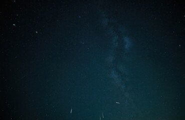 Fototapeta premium Night sky with meteors streaking across. Many stars and faint milky way visible. Dark background with tiny bright lights dotting the expanse.