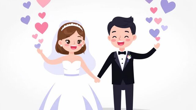 Adorable Cartoon Wedding Couple Holding Hands with Floating Hearts
