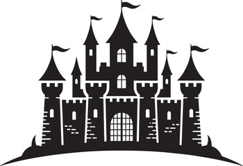 Obraz premium Silhouette of a Medieval Gothic Castle with Multiple Towers, Pointed Turrets, and Waving Top Flags.