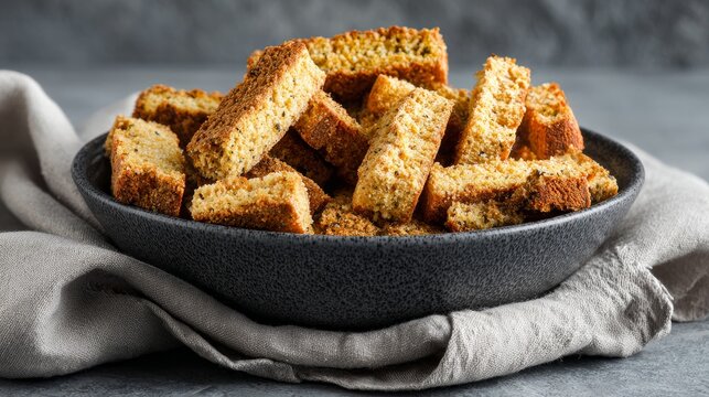 Crunchy rusks rested in a bowl upon a gray table.