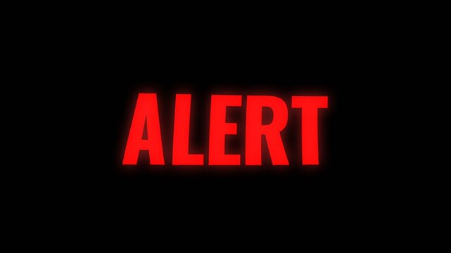 Red alert text animation with glowing light on dark background, warning notification typography for emergency message, security alert, hazard intro, or dramatic video title.