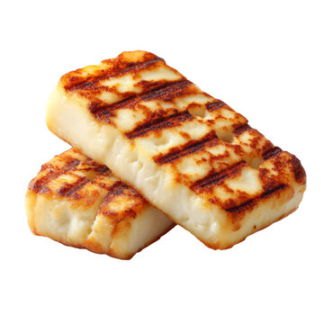 Grilled halloumi cheese slices on transparent background. Fried dairy snack with charred grill marks. Delicious Mediterranean appetizer or vegetarian ingredient for culinary composition.