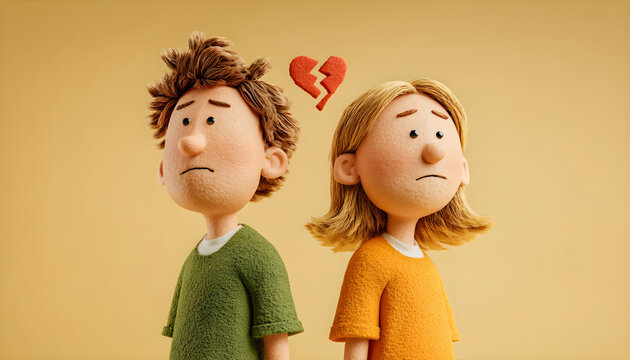 a sad cartoon man and woman with heartbroken expressions, standing apart against an isolated beige background. the woman has shoulder-length blonde hair in a simple style. they both wear green or yell