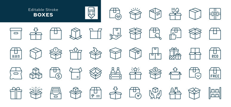 Box and packaging. Set of outline icons. Cargo, package, open and closed box, crumpled box, cardboard and paper box, delivery, pack box and more. Line icon in linear style. Vector collection