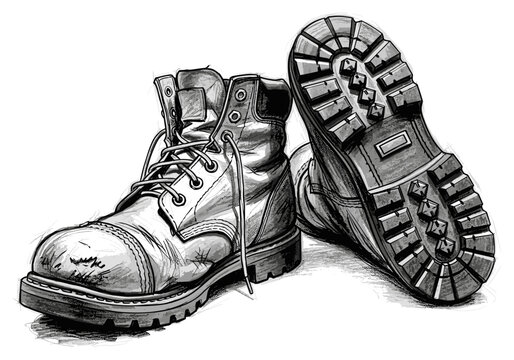 Sketch of worn leather work boots with thick treads, one showing the sole