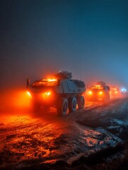 Fototapeta premium A convoy of armored vehicles moves through dense fog at night. The scene is illuminated by bright orange lights. This image captures a striking military or security operation vibe. AI