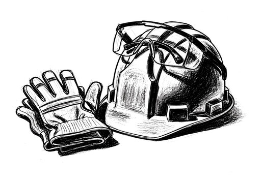 Sketch of construction safety gear: hard hat, safety glasses, and work gloves