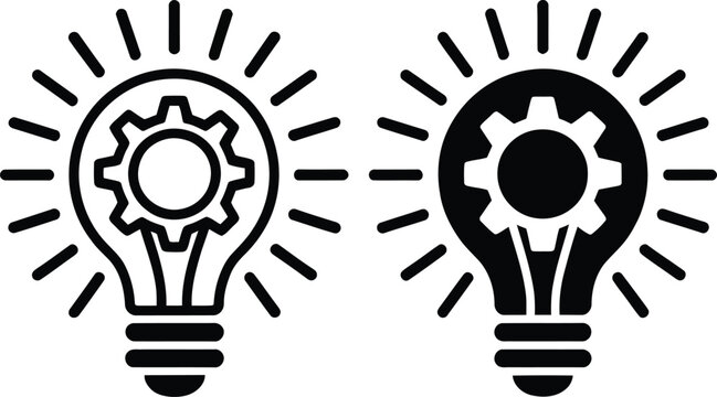 Light bulb gear icons, black white symbols, innovation idea illustration, outline and solid bulbs, starburst rays, minimalist vector design, clean background