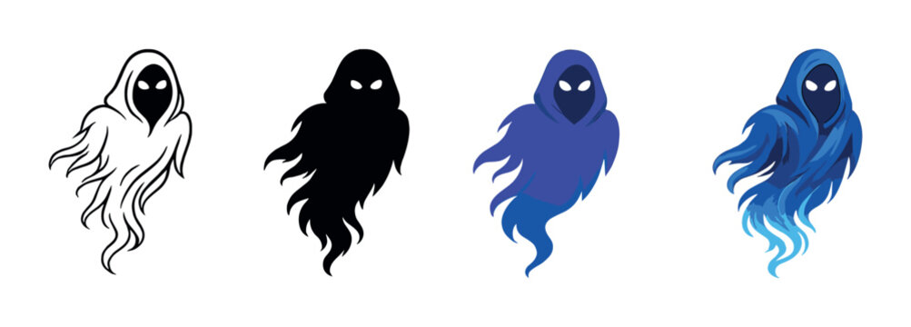 Four wraith illustrations with blue glow on grey gradient background