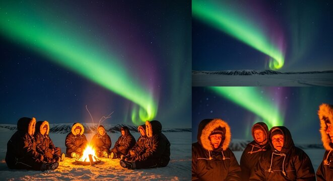 People watching the Northern Lights at night.