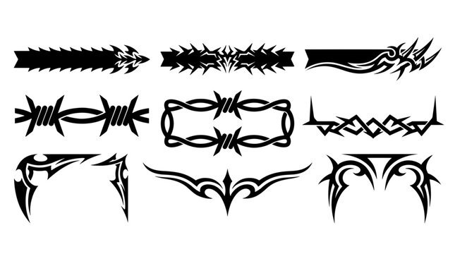 Set of sharp tribal thorn borders, looped barbed wire frames, and spike vector silhouettes. Edgy black y2k gothic graphics for tattoos and car decals