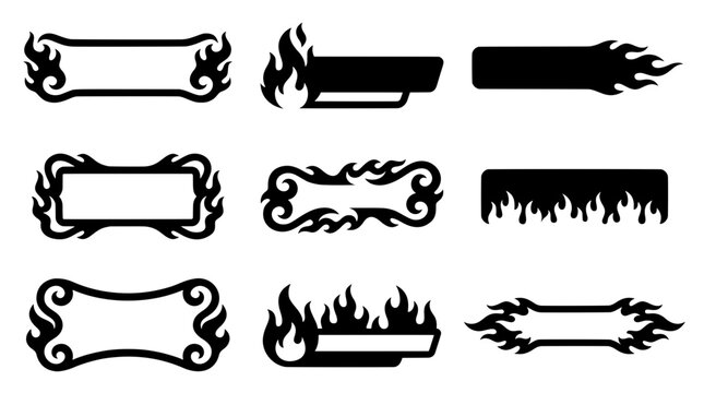 Blank text box templates and tribal flame banners. Set of black fire label frame vector silhouettes for graphic design, motorcycle decals and tattoos