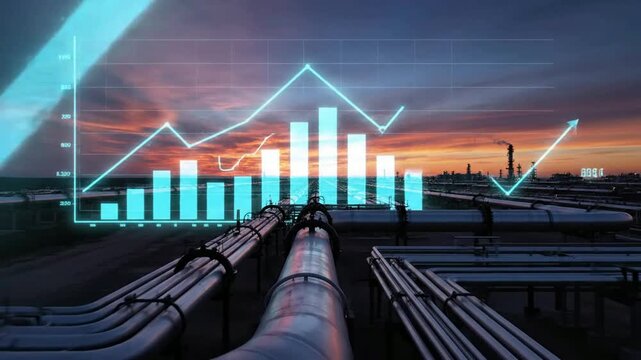 Oil and gas industry pipeline infrastructure at sunset with digital holographic overlay showing fluctuating market data charts