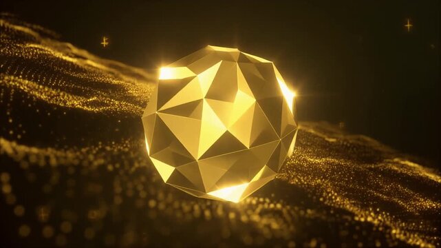 Abstract golden multifaceted sphere shimmering over a wave of sparkling particles in a dark digital space, representing luxury and technological elegance