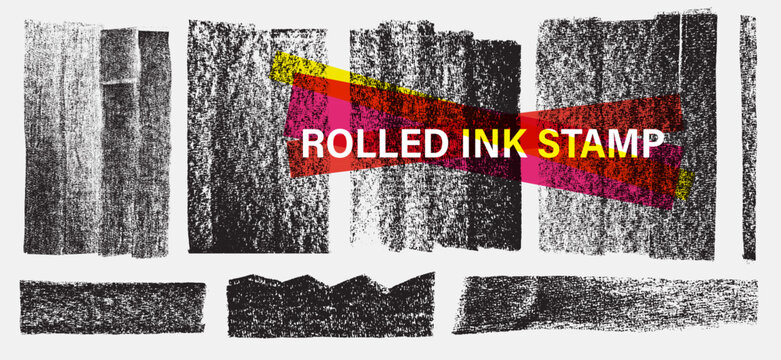Black linocut and letterpress rectangle shapes with rough textures. Lino cut backgrounds, text frames with paint roller geometric stains. Relief printing ink grunge marks, distressed artistic textures