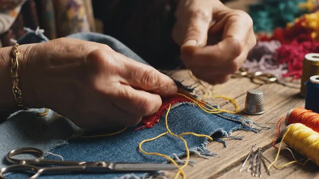 Elderly hands sewing colorful embroidery on denim fabric close up