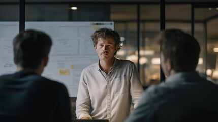 Obraz premium Startup pivot meeting in minimalist studio space, old business model diagrams torn and scattered, new direction sketched on glass wall, perfect for strategic shift, adaptation, and contemporary