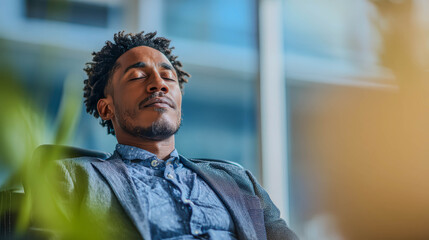 Man relaxes in quiet, eyes closed, calm expression. Glowing sunlight filters softly through nearby foliage. He sits, dressed in a stylish, textured jacket. Serene moment suggests peace, reflection