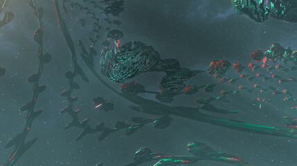 Surreal Alien Space Landscape With Floating Fractal Asteroids and Rings — 3d Rendering Visual © edb3_16