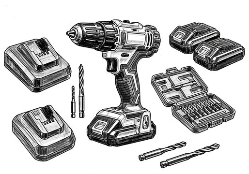 Cordless power drill with batteries, drill bits, and accessory case on white background