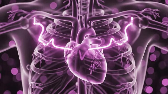 Human heart anatomy visualization with glowing e k g rhythm line and circulatory system structure 3 d medical animation for