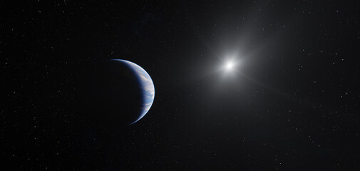 Distant Blue Planet Illuminated by Bright Star in Deep Space — 3D Rendering of Cosmic Dawn © edb3_16